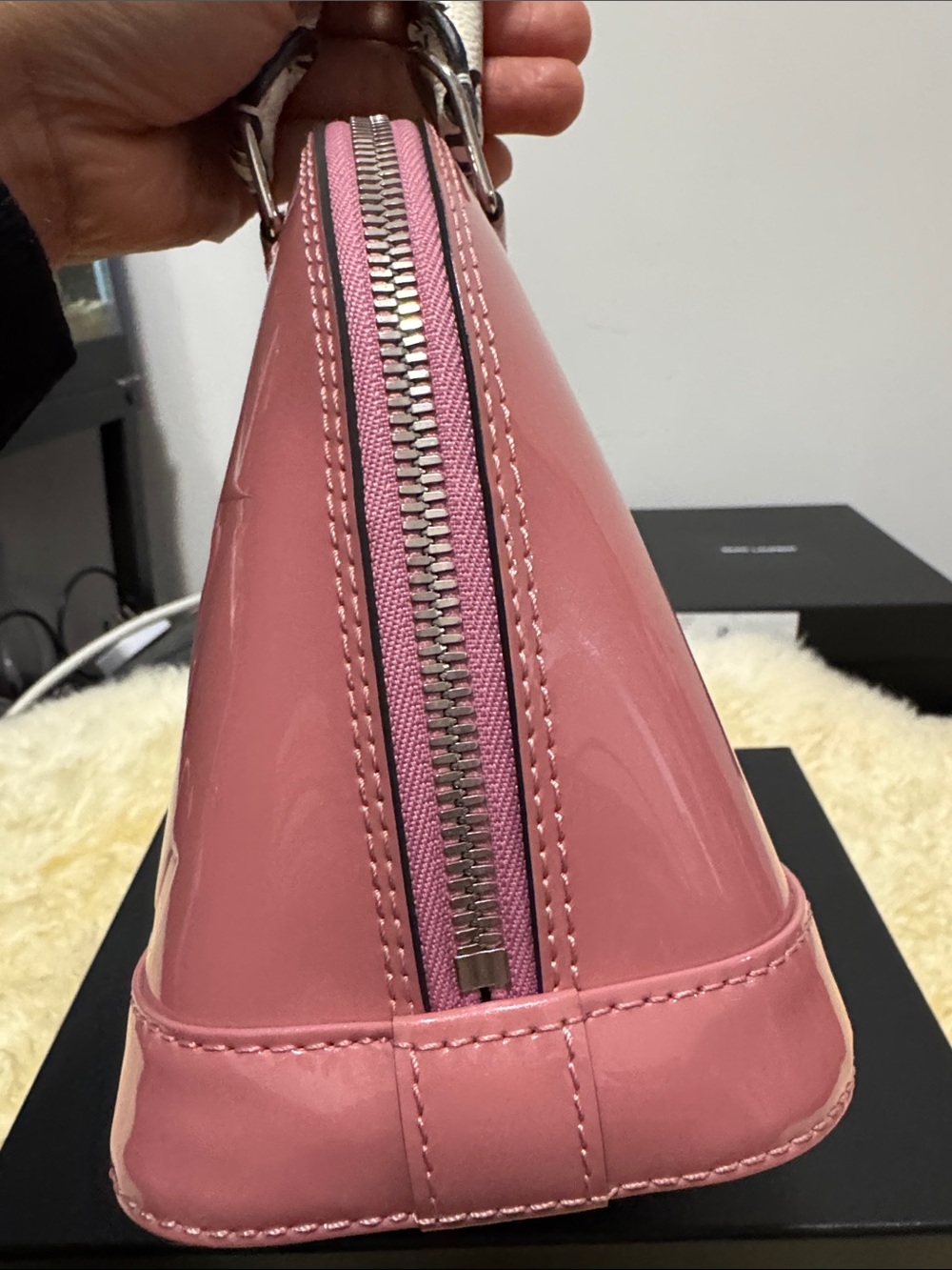 Louis Vuitton Pink Patent Alma Handbag with White Monogram Accents - Picture 4 of 11